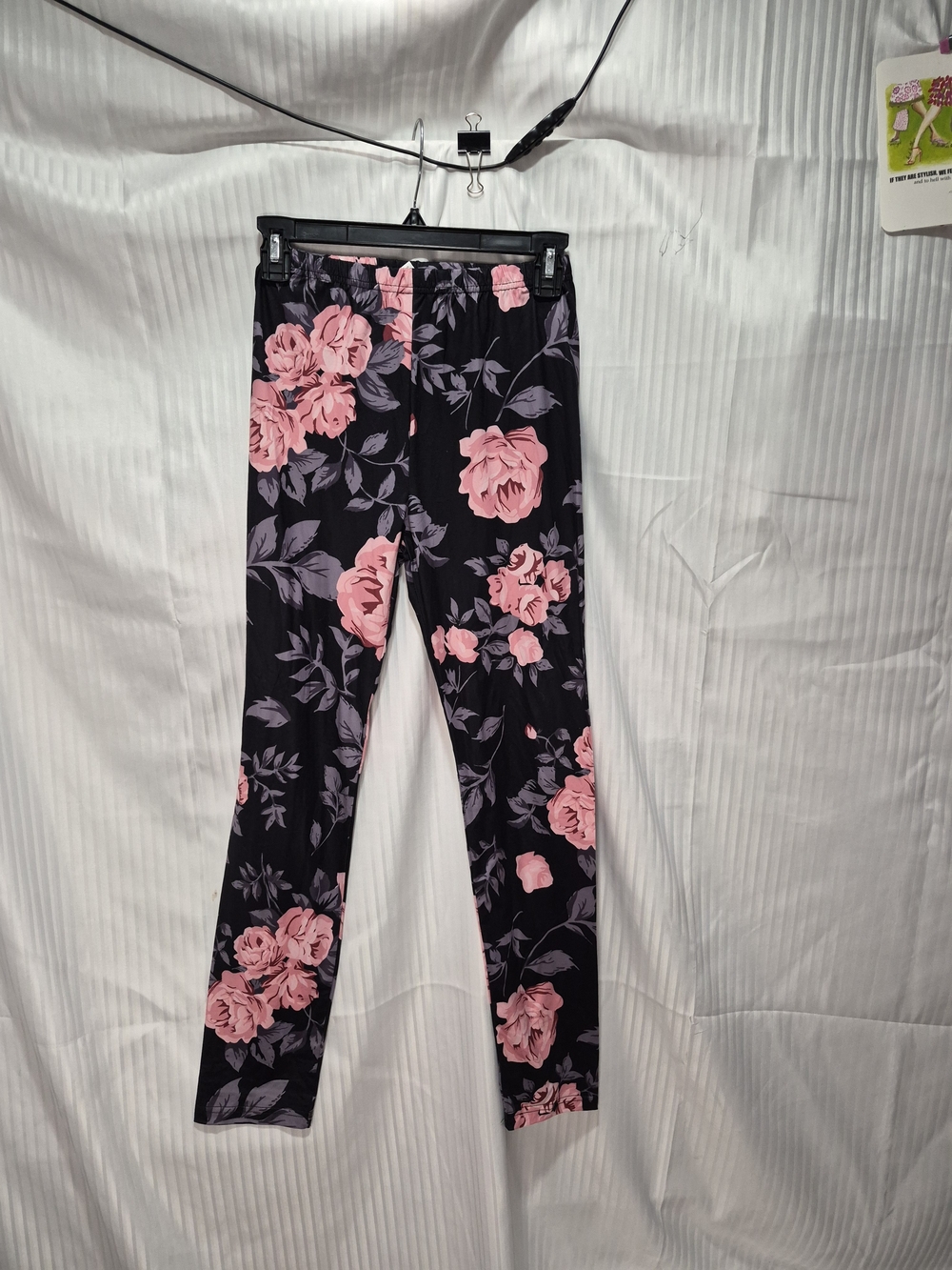 Floral Print Pink & Black Women’s Stretch Leggings Girls 14/16
